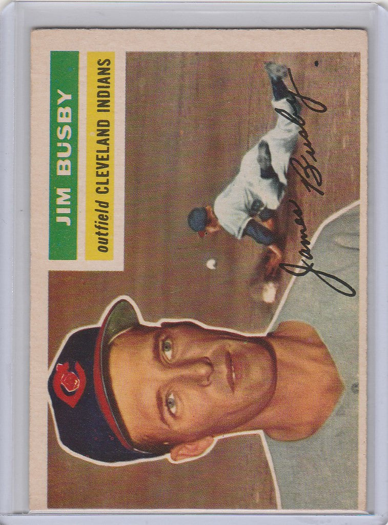 Vintage 1956 Topps #330 Jim Busby Cleveland Indians EXMT baseball card portrait and action shot