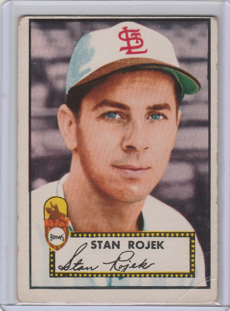 Vintage 1952 Topps Stan Rojek St Louis Browns baseball card displayed for sale