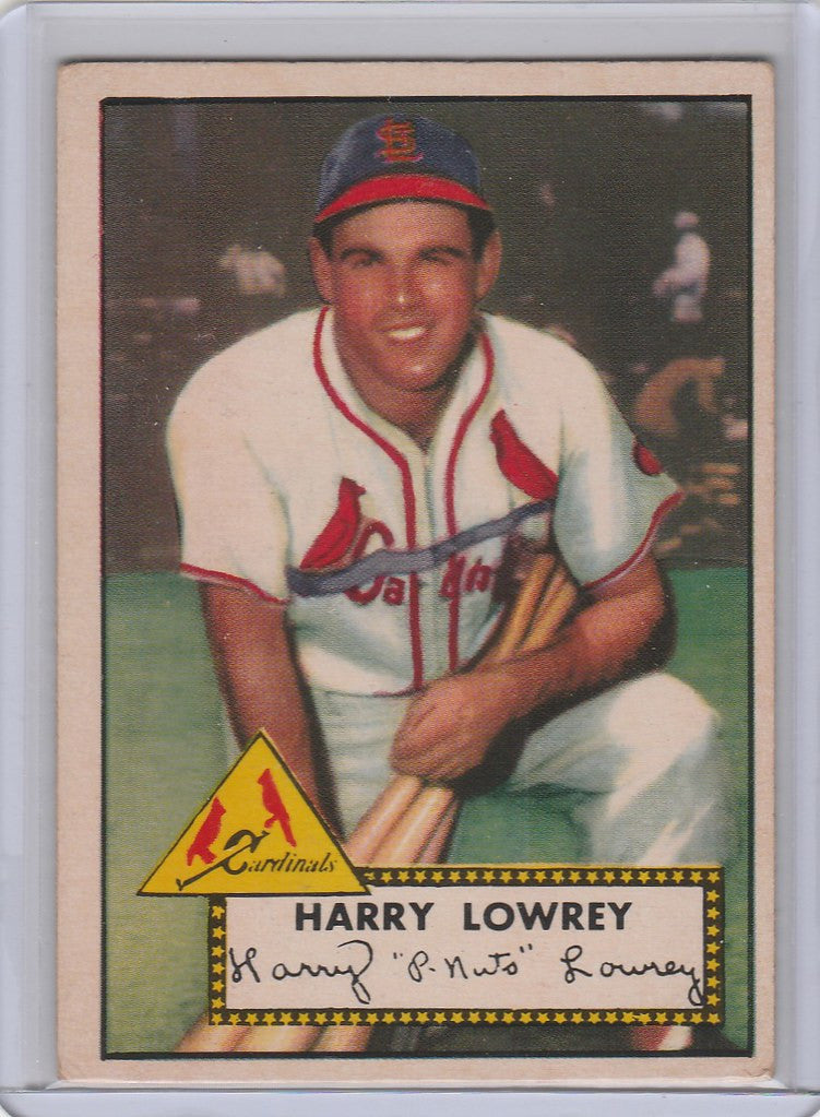 Baseball card of Harry Lowery in St. Louis Cardinals uniform smiling, 1952 Topps