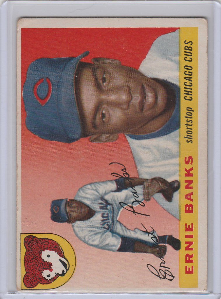 Baseball card of Ernie Banks Chicago Cubs player in blue cap and white uniform