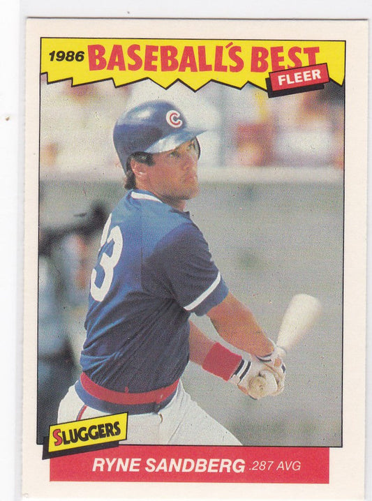 Baseball card of Ryne Sandberg in batting stance for Chicago Cubs trading cards