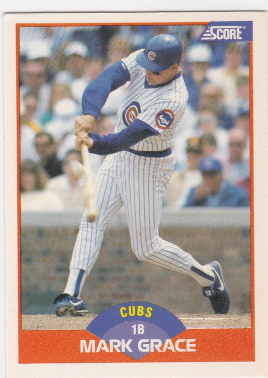 Baseball card of Mark Grace swinging bat for Chicago Cubs in trading cards collection