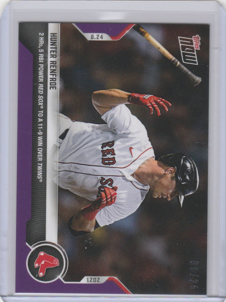 Baseball trading card of Hunter Renfroe Boston Red Sox swinging bat in white uniform