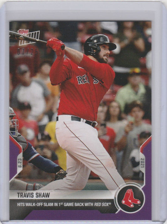 Baseball card of Travis Shaw Boston Red Sox swinging bat from 2021 Topps Now Parallel