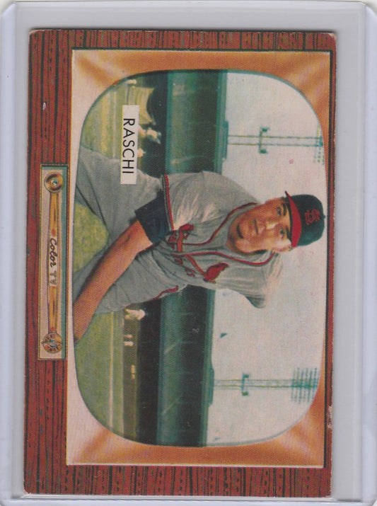 Baseball card of Vic Raschi, St Louis Cardinals pitcher in gray uniform and red cap