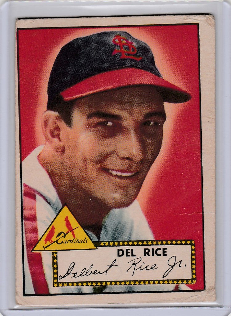 Vintage 1952 Topps Del Rice St Louis Cardinals card featuring a smiling player