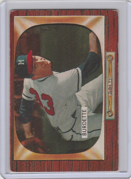 Baseball card of Lou Burdette in white uniform number 33 pitching for Milwaukee Braves