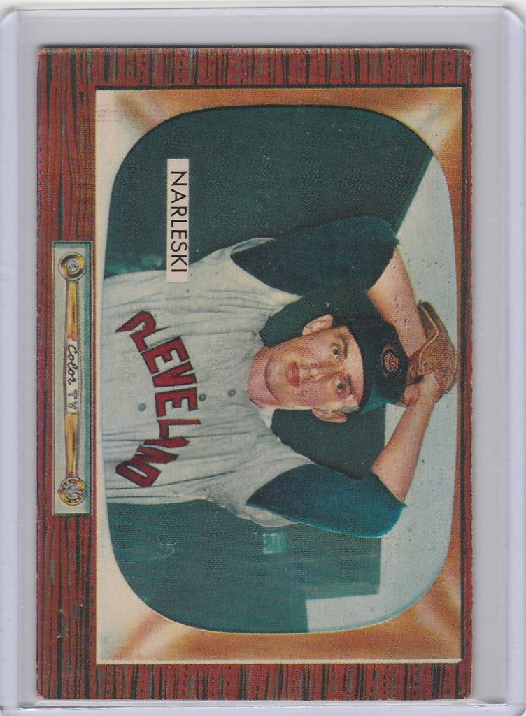 Baseball card of Ray Narleski, Cleveland Indians player in dark uniform from 1955 Bowman