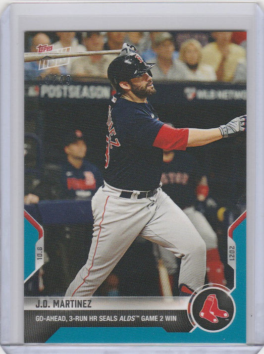 Baseball card of JD Martinez mid-swing for the Boston Red Sox, 2021 Topps Now Parallel