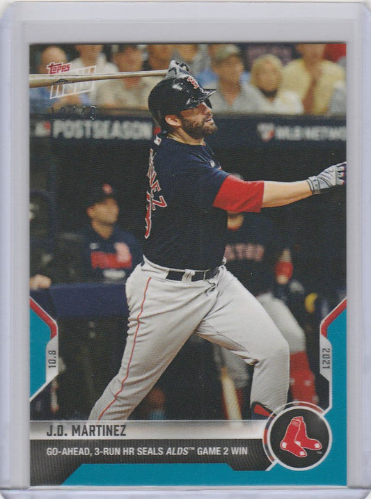 Baseball card of JD Martinez mid-swing for Boston Red Sox 2021 Topps Now Parallel