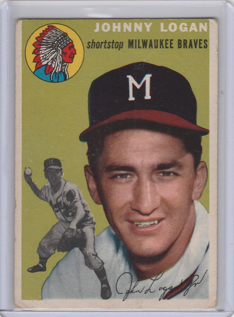 Vintage 1954 Topps Baseball card of Johnny Logan Milwaukee Braves player