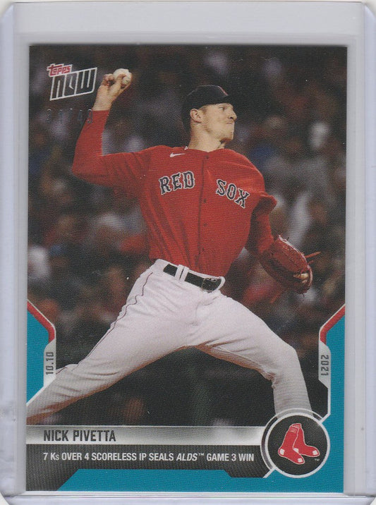 Baseball card of Nick Pivetta Boston Red Sox in mid-throw, 2021 Topps Now Parallel