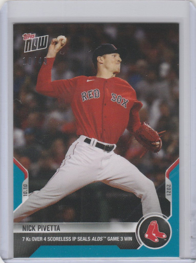 Baseball card of Nick Pivetta in mid-throw for Boston Red Sox 10/49 Topps Now Parallel