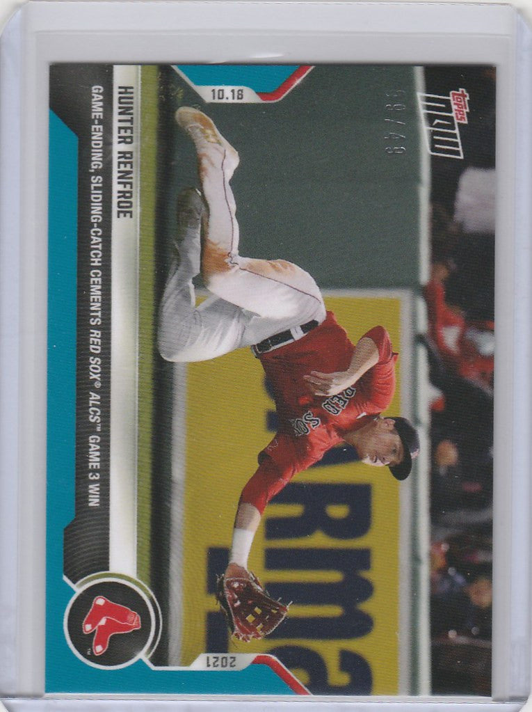 Baseball trading card of Hunter Renfroe making an acrobatic catch for Boston Red Sox