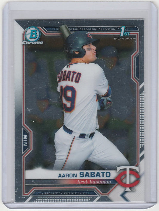 Baseball card of BC125 Aaron Sabato in batting stance for Minnesota Twins