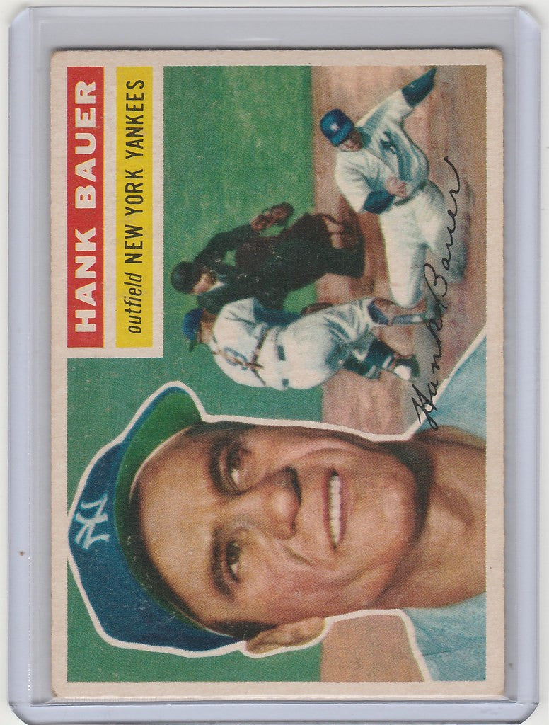 Vintage baseball card of Hank Bauer in New York Yankees cap, graded EXMT