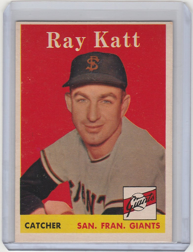 Vintage 1958 Topps baseball card of Ray Katt, San Francisco Giants catcher