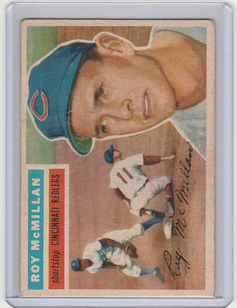 Vintage baseball card of Roy McMillan, Cincinnati Reds EXMT with blue Cubs cap