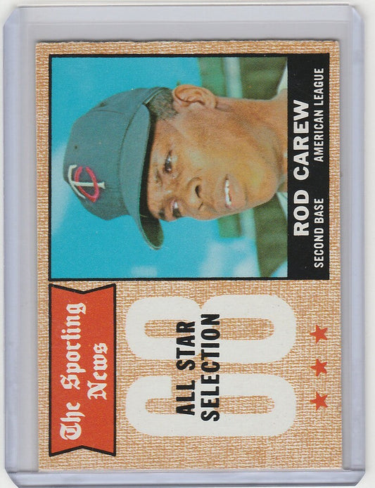 Baseball card of Rod Carew in Minnesota Twins cap from 1968 Topps NRMT collection