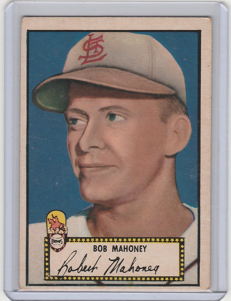 Baseball card of Bob Mahoney in a St. Louis Cardinals cap from Topps Baseball