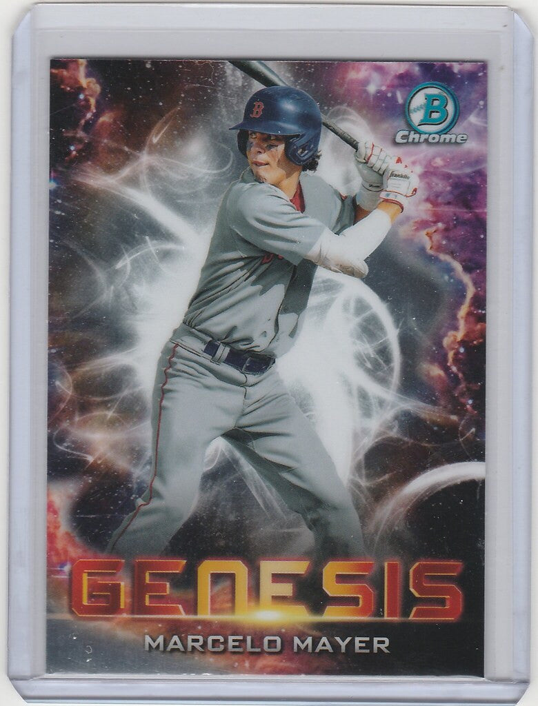 Baseball trading card of Deoesis Marcelo Mayer in batting stance with cosmic background