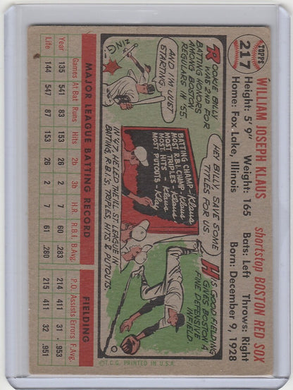 Vintage 1956 Topps Baseball card of Billy Klaus Boston Red Sox with cartoon illustrations