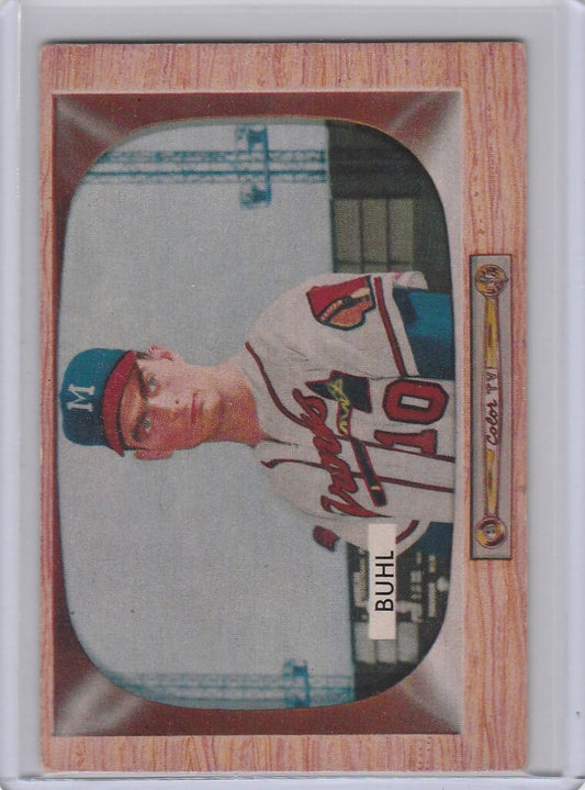 Vintage 1955 Bowman #43 Bob Buhl Milwaukee Braves card in white and red uniform