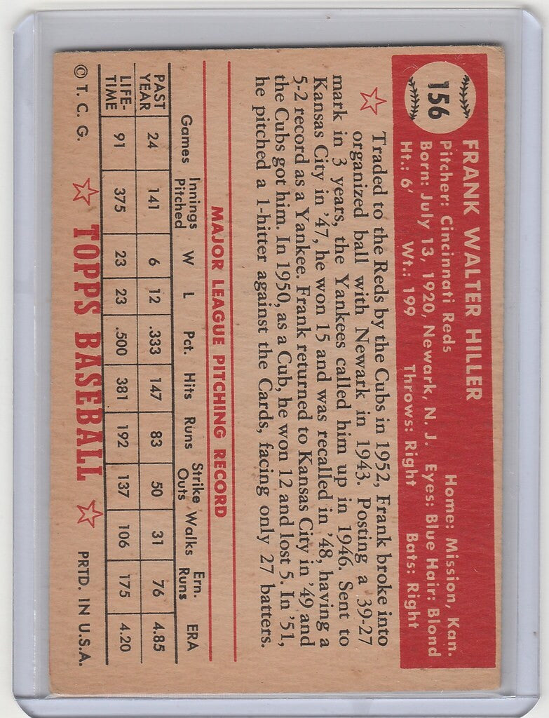 Vintage Topps Baseball card of Frank Hiller Cincinnati Reds with player stats and bio