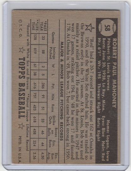 1952 Topps Baseball card of Bob Mahoney with stats and info for St Louis Browns