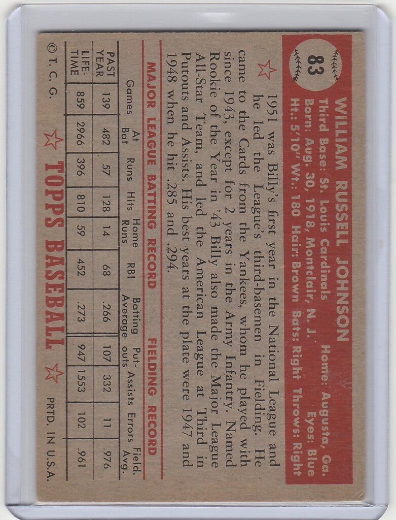 Vintage 1952 Topps Baseball card featuring Johnson St Louis statistics and Cardinals EXMT Red Back