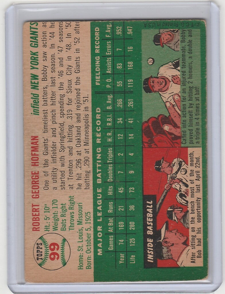 Vintage 1954 Topps #99 Bob Hofman New York Giants trading card on green and red background