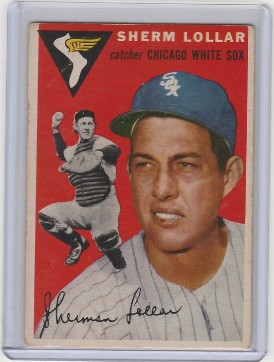 Vintage baseball card of Sherm Lollar, Chicago White Sox catcher, 1954 Topps #39