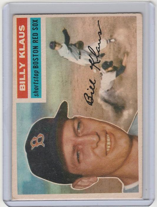 Baseball card of smiling Billy Klaus, Boston Red Sox player, wearing cap with B