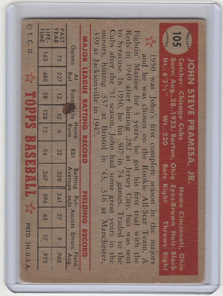 Vintage baseball card of John Pramesa Chicago Cubs, featuring player stats and bio