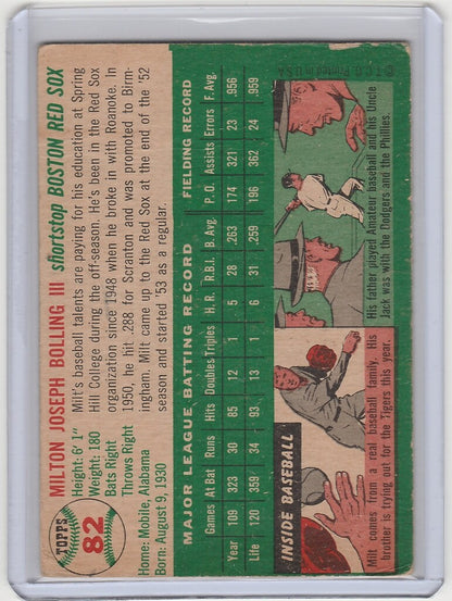 Vintage baseball card of Milt Bolling Boston Red Sox with player stats and action illustrations