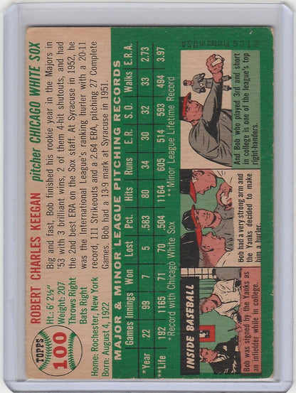 Vintage 1954 Topps #100 Bob Keegan Chicago White Sox card with player stats and illustrations