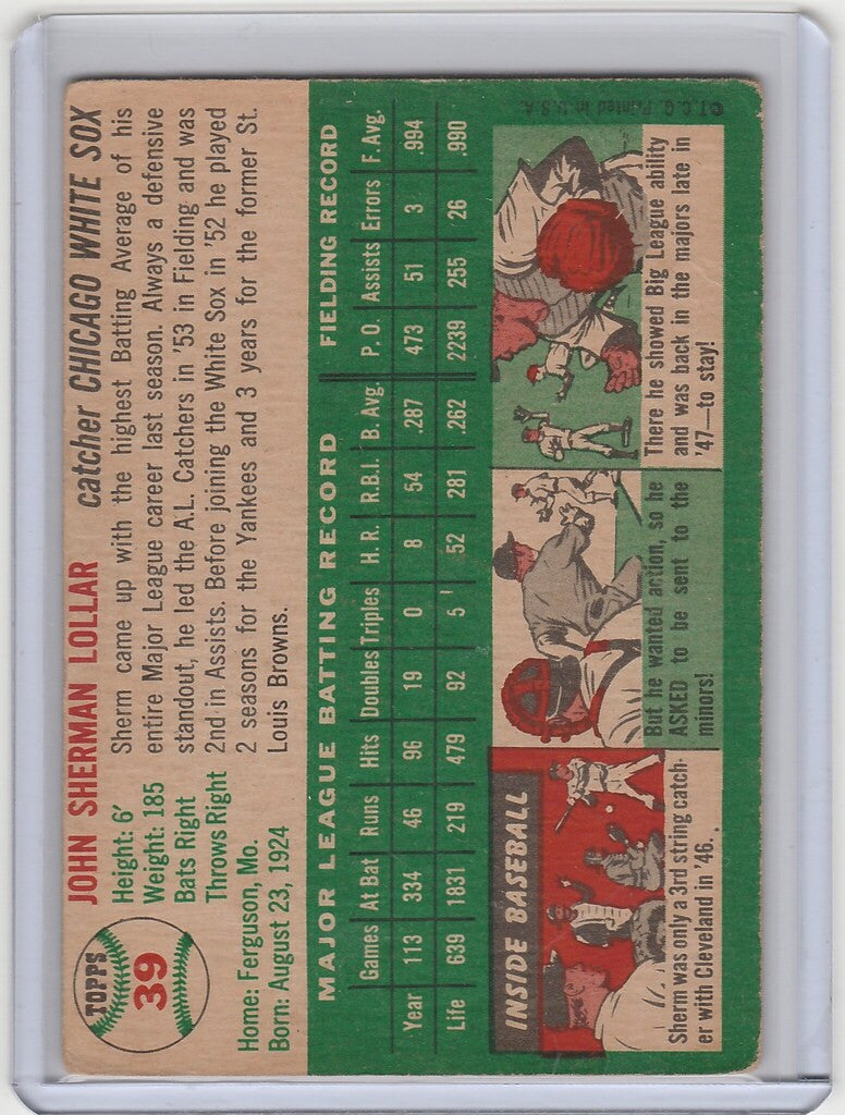 Vintage baseball card of Sherm Lollar Chicago White Sox with player stats and cartoons