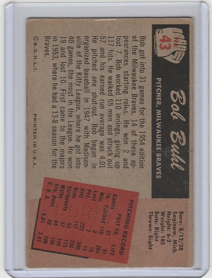 Vintage 1955 Bowman #43 Bob Buhl Milwaukee Braves baseball card with player stats and bio