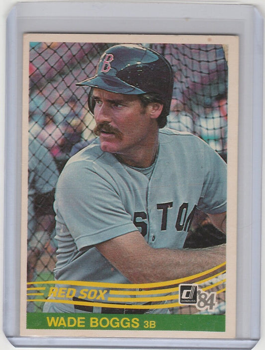 Baseball card of Wade Boggs in gray uniform for Boston Red Sox, mustache style