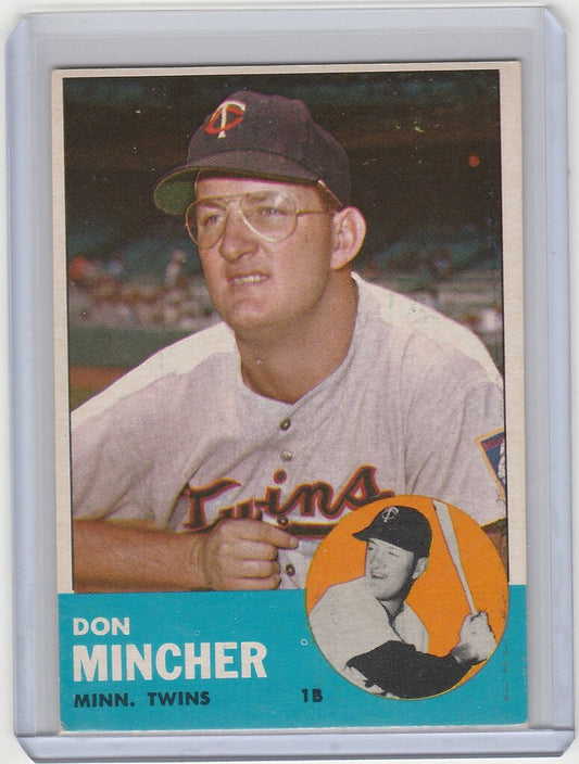 Vintage baseball card of Don Mincher from the Minnesota Twins EXMT 1963 Topps