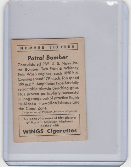 Vintage cigarette card of a Navy Patrol Bomber from Wings Cigarettes Modern collection