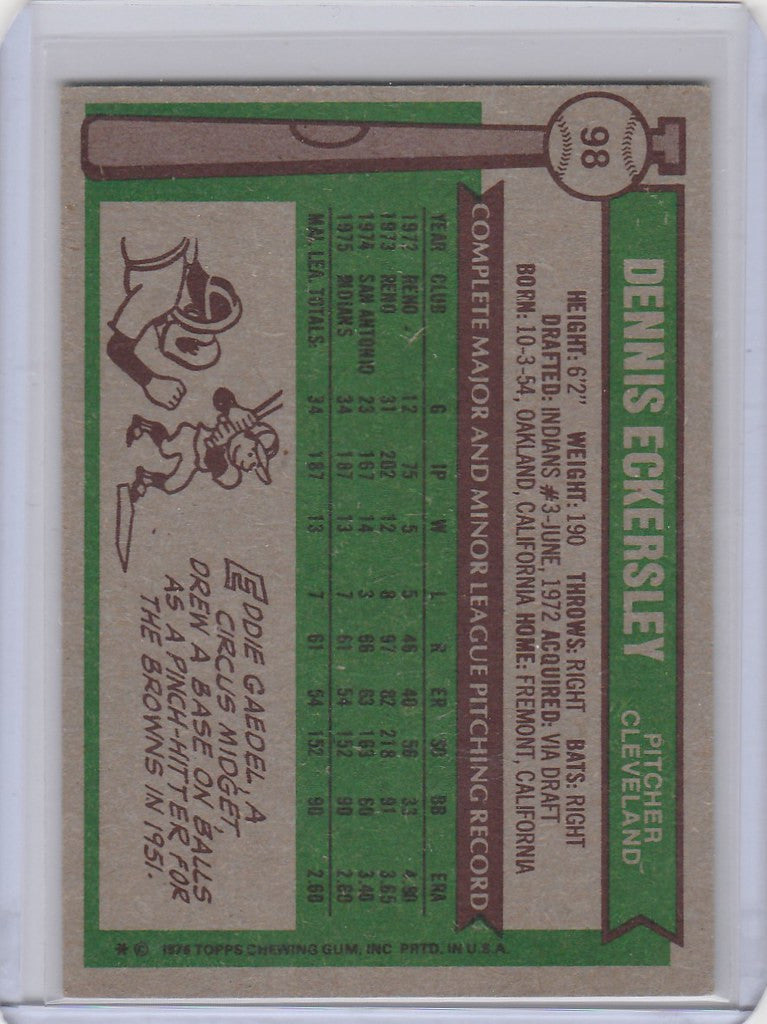 1976 Topps #98 Dennis Eckersley Cleveland Indians EXMT