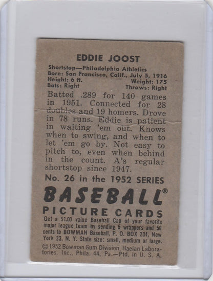 Vintage 1952 baseball card of Eddie Joost from the Philadelphia Athletics series