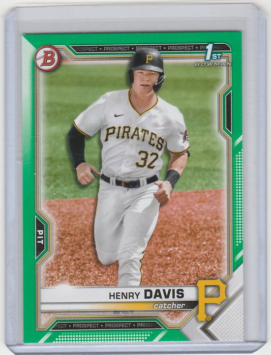 Baseball card of Henry Davis Pittsburgh Pirates in white uniform, 2021 Bowman Draft Green