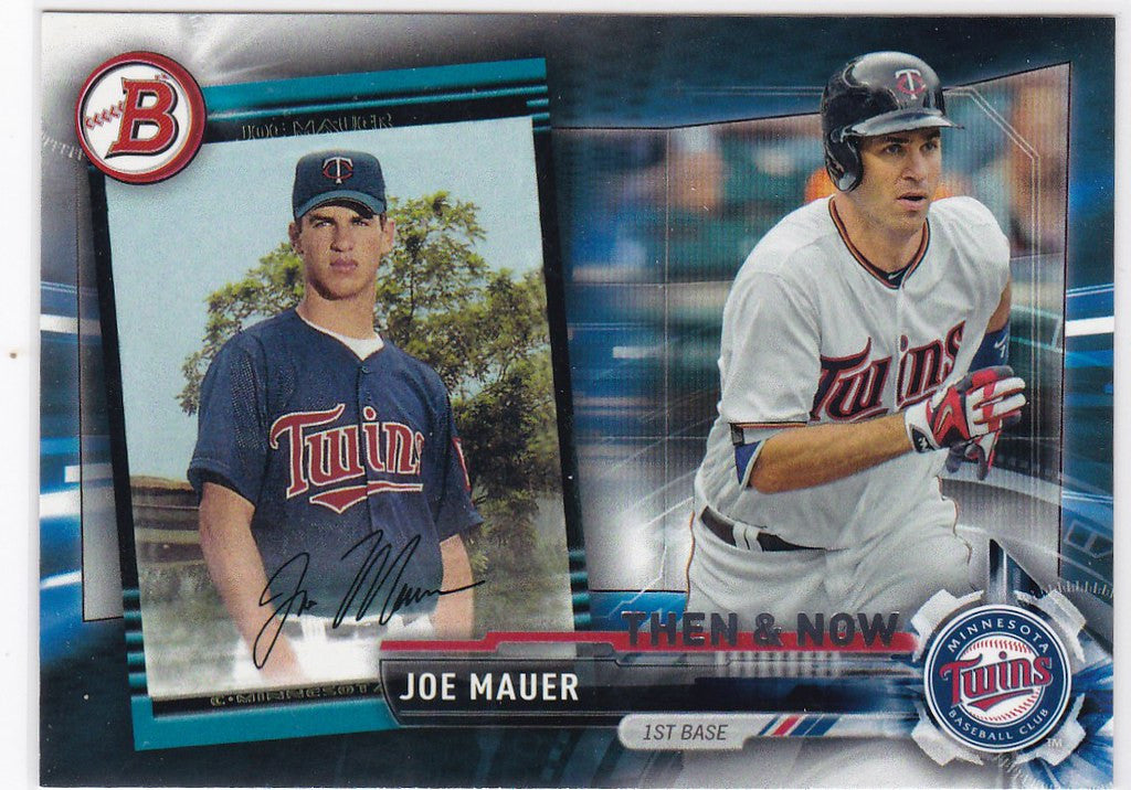 Baseball card of Joe Mauer Minnesota Twins in different uniforms from 2017 Bowman