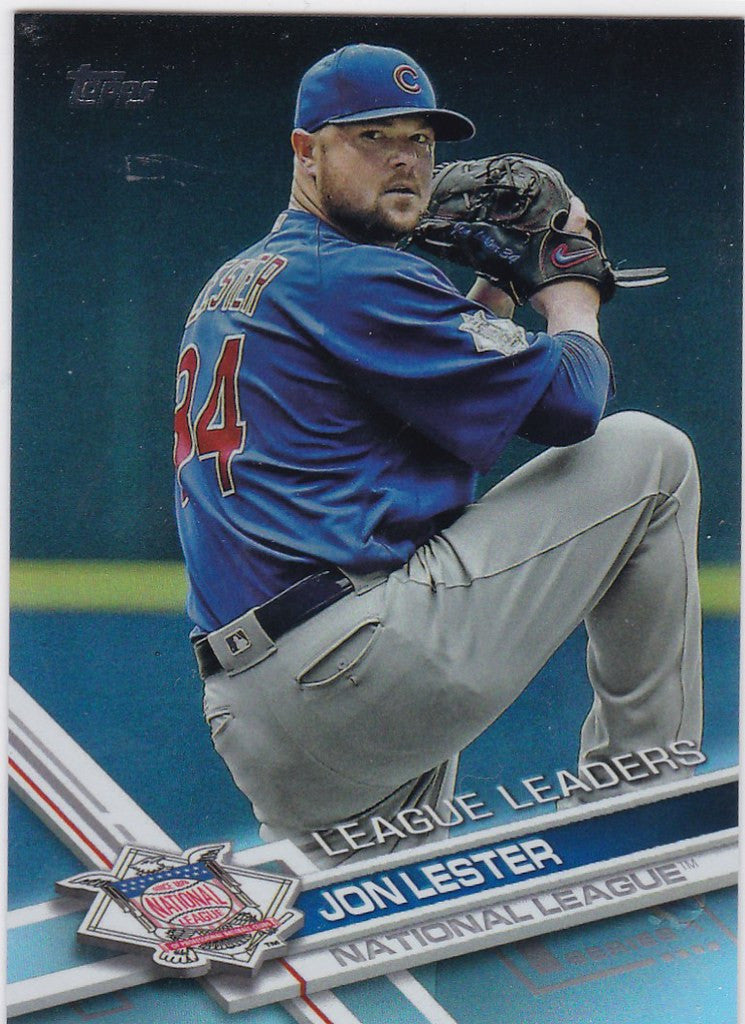 Baseball player Jon Lester Chicago Cubs mid-pitch on 2017 Topps Rainbow Foil card