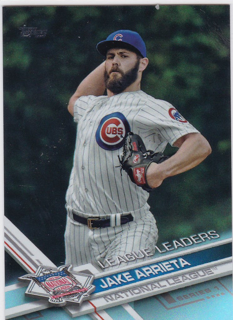 Baseball player Jake Arrieta pitching in Chicago Cubs uniform Topps Rainbow Foil card