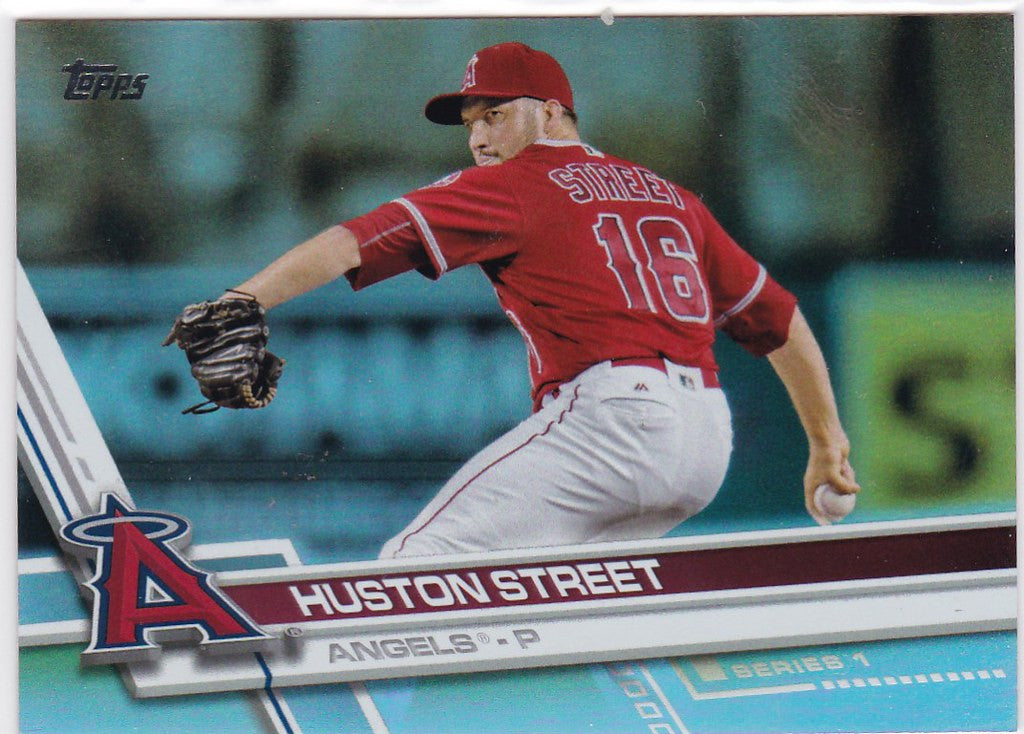 Baseball player in red uniform pitching, featured in Topps Rainbow Foil Huston Street Angels