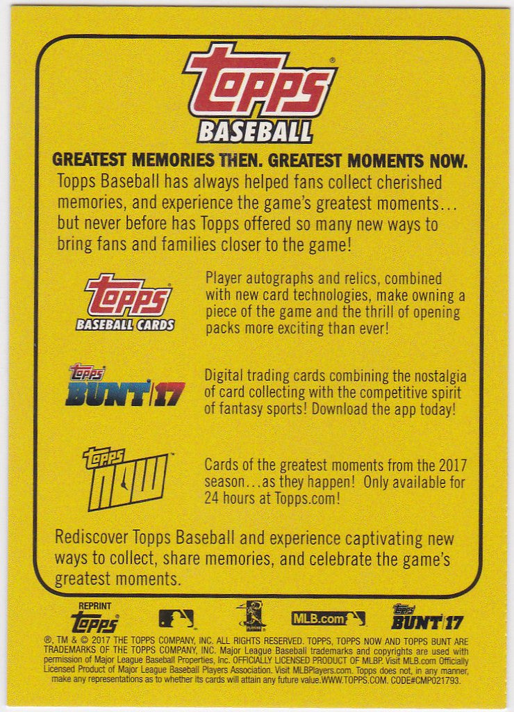 Back cover of 2017 Topps Greatest Moments Memories Mike Trout card showcasing products