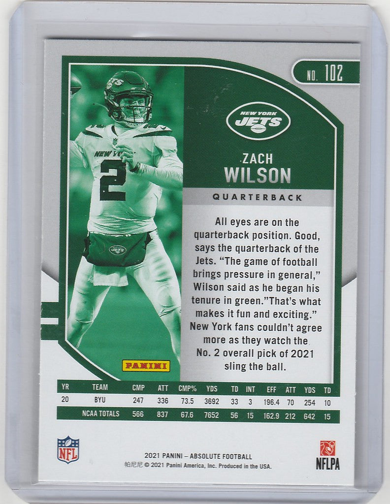 2021 Panini Absolute #102 Zach Wilson trading card for New York Jets collectors